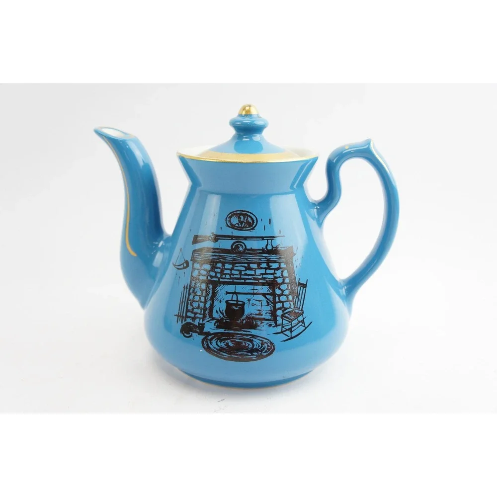 Hall Teapot Blue Gold Colonial‎ Fireplace Hearth 6 Cup Ceramic 0066 Good